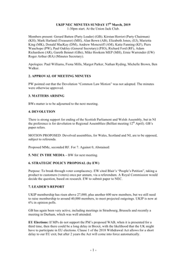 UKIP NEC MINUTES SUNDAY 17Th March, 2019 1-30Pm Start. at the Union Jack Club