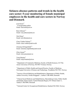 Sickness Absence Patterns and Trends in the Health Care Sector: 5-Year Monitoring of Female Municipal Employees in the Health and Care Sectors in Norway and Denmark