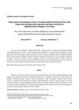 Heteroptera (Hemiptera) Fauna of Isparta-Gölcük Natural Park with Some Rare and Peculiar Species and New Records for Mediterranean Region of Turkey