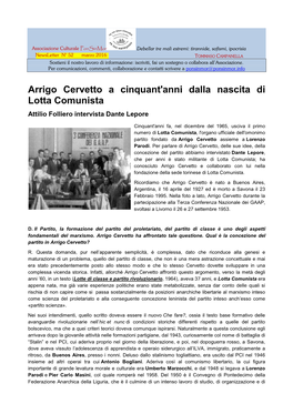 Arrigo Cervetto a Cinquant'anni Dalla Nascita Di Lotta Comunista Attilio Folliero Intervista Dante Lepore