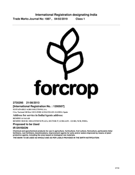 International Registration Designating India Trade Marks Journal No: 1887 , 04/02/2019 Class 1