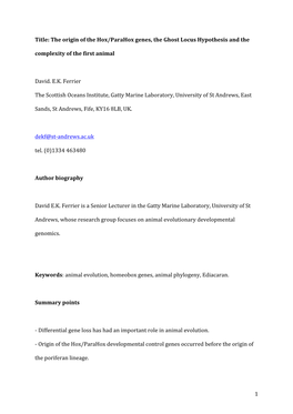 'The'origin'of'the'hox/Parahox'genes,'The'ghost'locus'hypothesis'and'the' Complexity'of'the'first'animal'