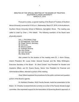 Minutes of the Special Meeting of the Board of Trustees Southern Illinois University March 27, 2019