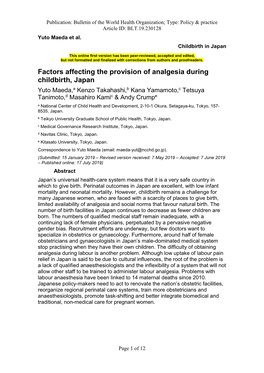 Factors Affecting the Provision of Analgesia During Childbirth, Japan