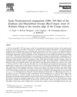 (1000–910 Ma) of the Zadinian and Mayumbian Groups (Bas-Congo): Onset of Rodinia Rifting at the Western Edge of the Congo Craton