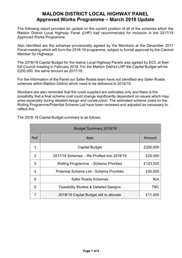 MALDON DISTRICT LOCAL HIGHWAY PANEL Approved Works Programme – March 2018 Update