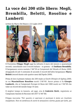 Megli, Brembilla, Belotti, Rosolino E Lamberti Written by Marco Del Bianco | 22 Luglio 2019