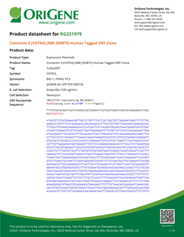 Contactin 3 (CNTN3) (NM 020872) Human Tagged ORF Clone Product Data