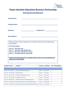 Tower Hamlets Education Business Partnership Work Experience Booking Form