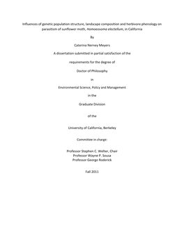 Influences of Genetic Population Structure, Landscape Composition and Herbivore Phenology on Parasitism of Sunflower Moth, Homoeosoma Electellum, in California