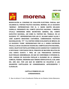 Anexo Uno Modificación Al Convenio De Coalición Electoral Parcial Que Celebran El Partido Político Nacional Morena, En Lo