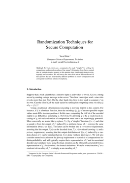 Randomization Techniques for Secure Computation, Yuval Ishai, 2013