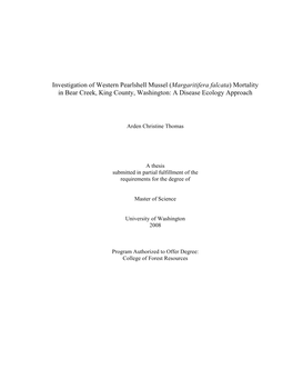 Investigation of Western Pearlshell Mussel (Margaritifera Falcata) Mortality in Bear Creek, King County, Washington: a Disease Ecology Approach