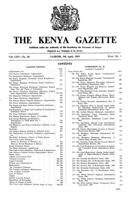 THE KENYA GAZETTE Published Under the Authority of Hh Fxcellency the Governor of Kenya (Registad As P ~Cwspap&At the G.P.03