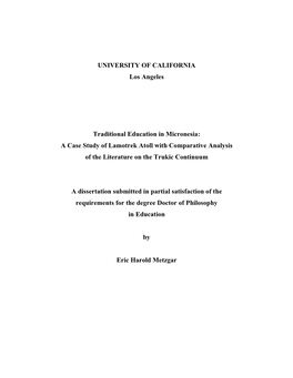 Traditional Education in Micronesia: a Case Study of Lamotrek Atoll with Comparative Analysis of the Literature on the Trukic Continuum