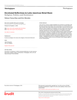 Decolonial Reflections in Latin American Metal Music Religion, Politics and Resistance Nelson Varas-Díaz and Eric Morales