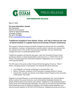 Traditional Navigators from Hawaii, Guam, and Yap to Discuss the Role of Island Wisdom in a Global Future at University of Guam Conference