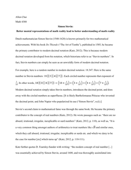 Allen Chai Math 4388 Simon Stevin: Better Mental Representations of Math Reality Lead to Better Understanding of Math Reality