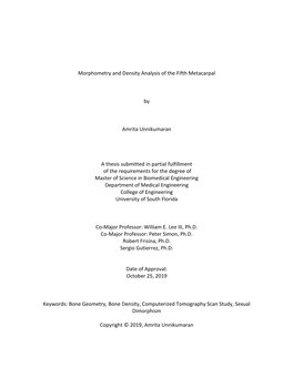 Morphometry and Density Analysis of the Fifth Metacarpal by Amrita Unnikumaran a Thesis Submitted in Partial Fulfillment Of