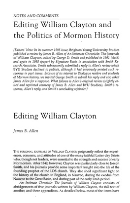 Editing William Clayton and the Politics of Mormon History