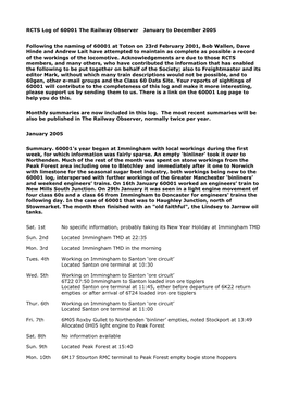 January to December 2005 RCTS Log of 60001 the Railway Observer