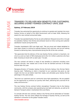 Transdev to Deliver New Benefits for Customers, Securing Sydney Ferries Contract Until 2028