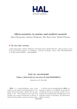 Micro-Acoustics in Marine and Medical Research Spiros Kotopoulis, Anthony Delalande, Olav Rune Godø, Michiel Postema