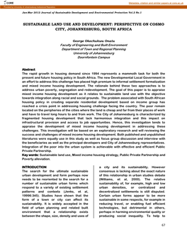 Sustainable Land Use and Development: Perspective on Cosmo City, Johannesburg, South Africa