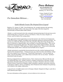 Press Release Zorro Productions, Inc