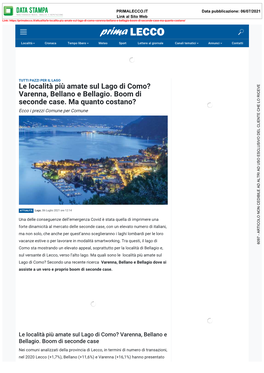 Le Località Più Amate Sul Lago Di Como? Varenna, Bellano E Bellagio. Boom Di Seconde Case