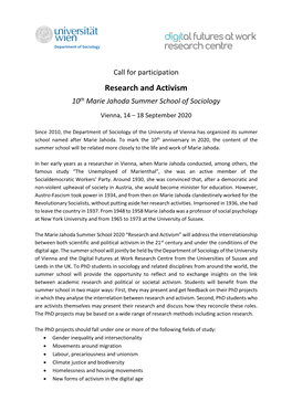 Research and Activism 10Th Marie Jahoda Summer School of Sociology