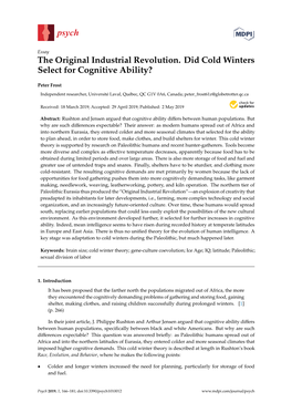 The Original Industrial Revolution. Did Cold Winters Select for Cognitive Ability?