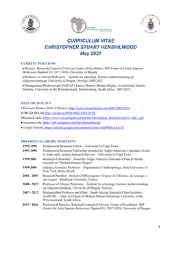 CURRICULUM VITAE CHRISTOPHER STUART HENSHILWOOD May 2021