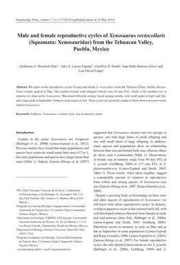 Male and Female Reproductive Cycles of Xenosaurus Rectocollaris (Squamata: Xenosauridae) from the Tehuacan Valley, Puebla, Mexico