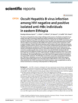 Occult Hepatitis B Virus Infection Among HIV Negative and Positive Isolated Anti‑Hbc Individuals in Eastern Ethiopia Desalegn Admassu Ayana1,2*, A