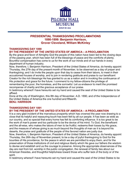 PRESIDENTIAL THANKSGIVING PROCLAMATIONS 1890-1899: Benjamin Harrison, Grover Cleveland, William Mckinley