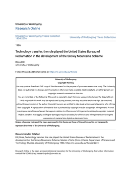 Technology Transfer: the Role Played the United States Bureau of Reclamation in the Development of the Snowy Mountains Scheme