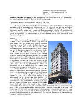 Landmarks Preservation Commission October 13, 2009, Designation List 419 LP-2363 S. JARMULOWSKY BANK BUILDING, 54 Canal Street