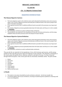 BIOLOGY ASSIGNMENT CLASS 9Th Ch – 11, Digestive System Of