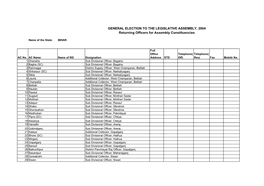 GENERAL ELECTION to the LEGISLATIVE ASSEMBLY, 2004 Returning Officers for Assembly Constituencies