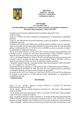 România Judeţul Neamţ Comuna Tămăşeni Consiliul Local