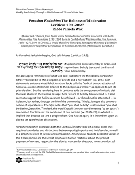 Parashat Kedoshim: the Holiness of Moderation Leviticus 19:1-20:27 Rabbi Pamela Wax