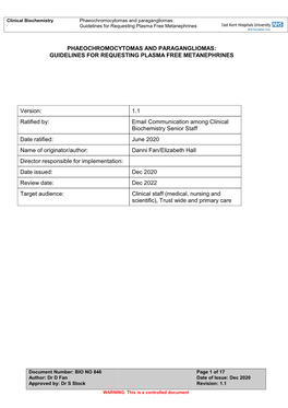 Guidelines for Requesting Plasma Free Metanephrines