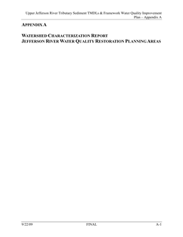 Watershed Characterization Report Jefferson River Water Quality Restoration Planning Areas