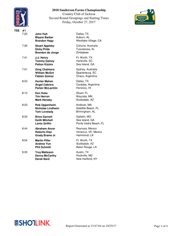 2018 Sanderson Farms Championship Country Club of Jackson Second Round Groupings and Starting Times Friday, October 27, 2017