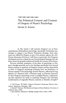 The Polemical Context and Content of Gregory of Nyssa's Psychology MICHEL R
