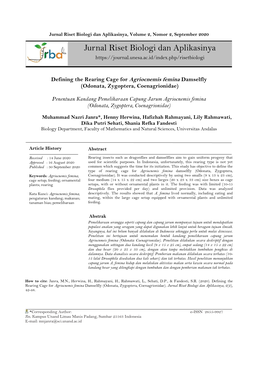 Jurnal Riset Biologi Dan Aplikasinya, Volume 2, Nomor 2, September 2020 Jurnal Riset Biologi Dan Aplikasinya