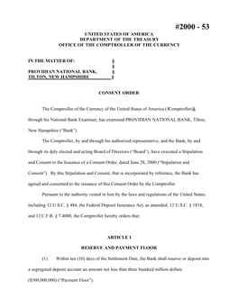 2000 - 53 United States of America Department of the Treasury Office of the Comptroller of the Currency