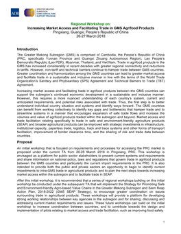 Regional Workshop On: Increasing Market Access and Facilitating Trade in GMS Agrifood Products Pingxiang, Guangxi, People's Re