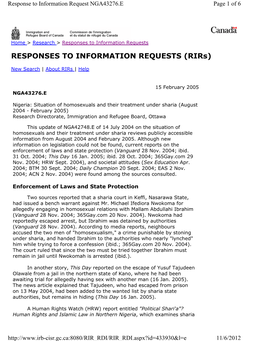 Nigeria: Situation of Homosexuals and Their Treatment Under Sharia (August 2004 - February 2005) Research Directorate, Immigration and Refugee Board, Ottawa